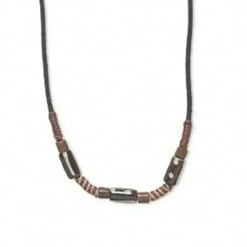 Hand Crafted Black Brown Leather Yak Bone & Cotton Artisan Necklace